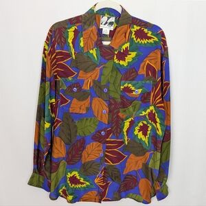 Diane Gilman Multicolor Leaf Print Silk Shirt
